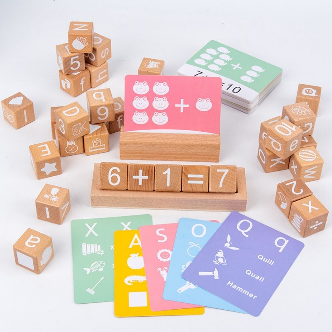 Beech wood Building Blocks with 53 Flashcards image